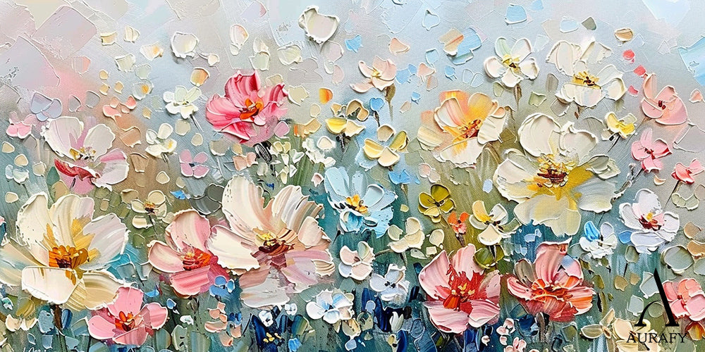 3D Textured Flower Painting Thick Impasto Blue Pink Sculpted Petals Knife Strokes Artwork AURA573