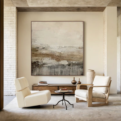 Weathered Horizon Wall Art – Cream & Smoky Taupe Tones – AURA015(Square)
