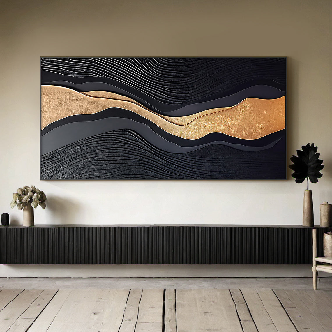 Metallic Topography Painting – Onyx & Gold Accents – AURA033(Horizontal)