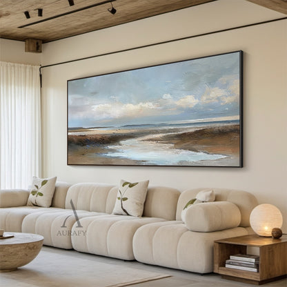 Blue Brown Knife Stroke Coastal Landscape Wabi-Sabi Textured Canvas Minimalist Oil Wall Art Decor AURA741