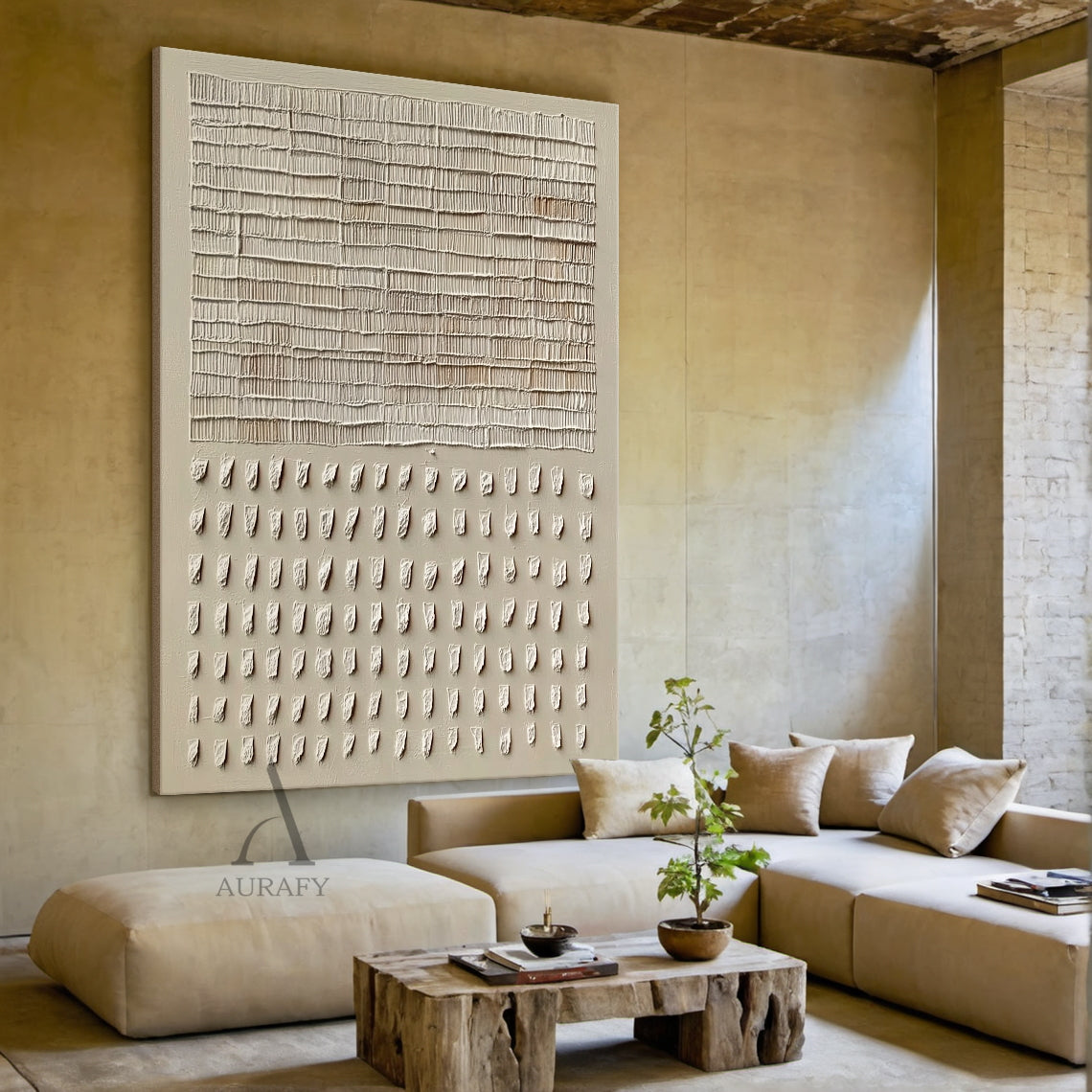 Set of 2 Beige & Black Wabi Sabi Abstract Wall Art | Cracked Plaster Japandi Panels | AURA806