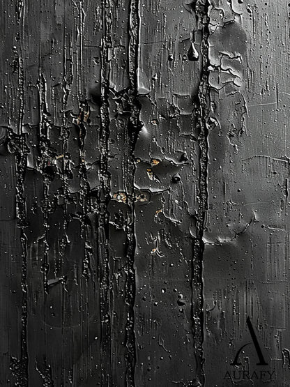 3D Textured Black Abstract Minimalist Painting Cracked Impasto Raised Ridges Tactile Artwork AURA529