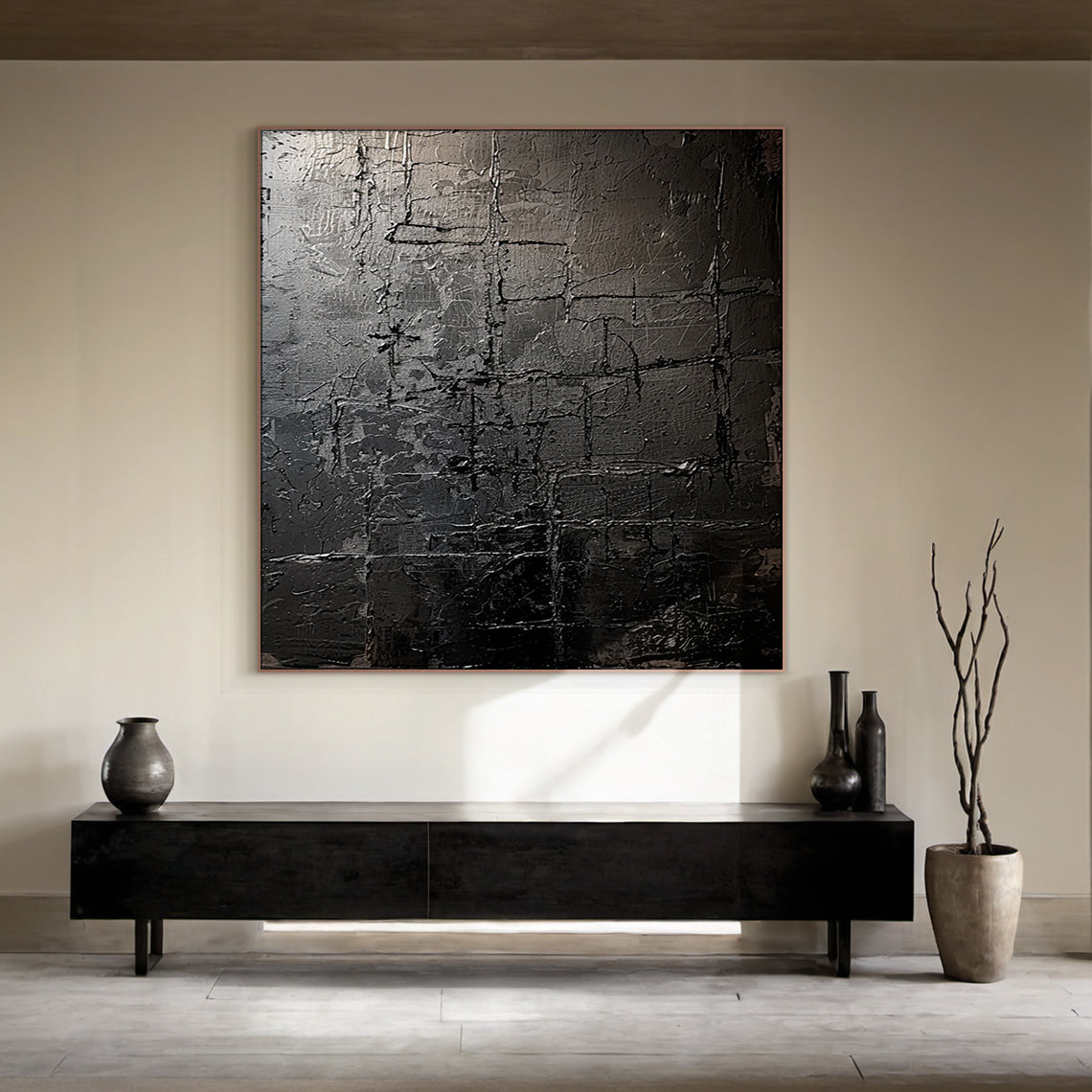 Monochrome Grid Texture Wall Art – Onyx & Charcoal Tones – AURA032(Square)