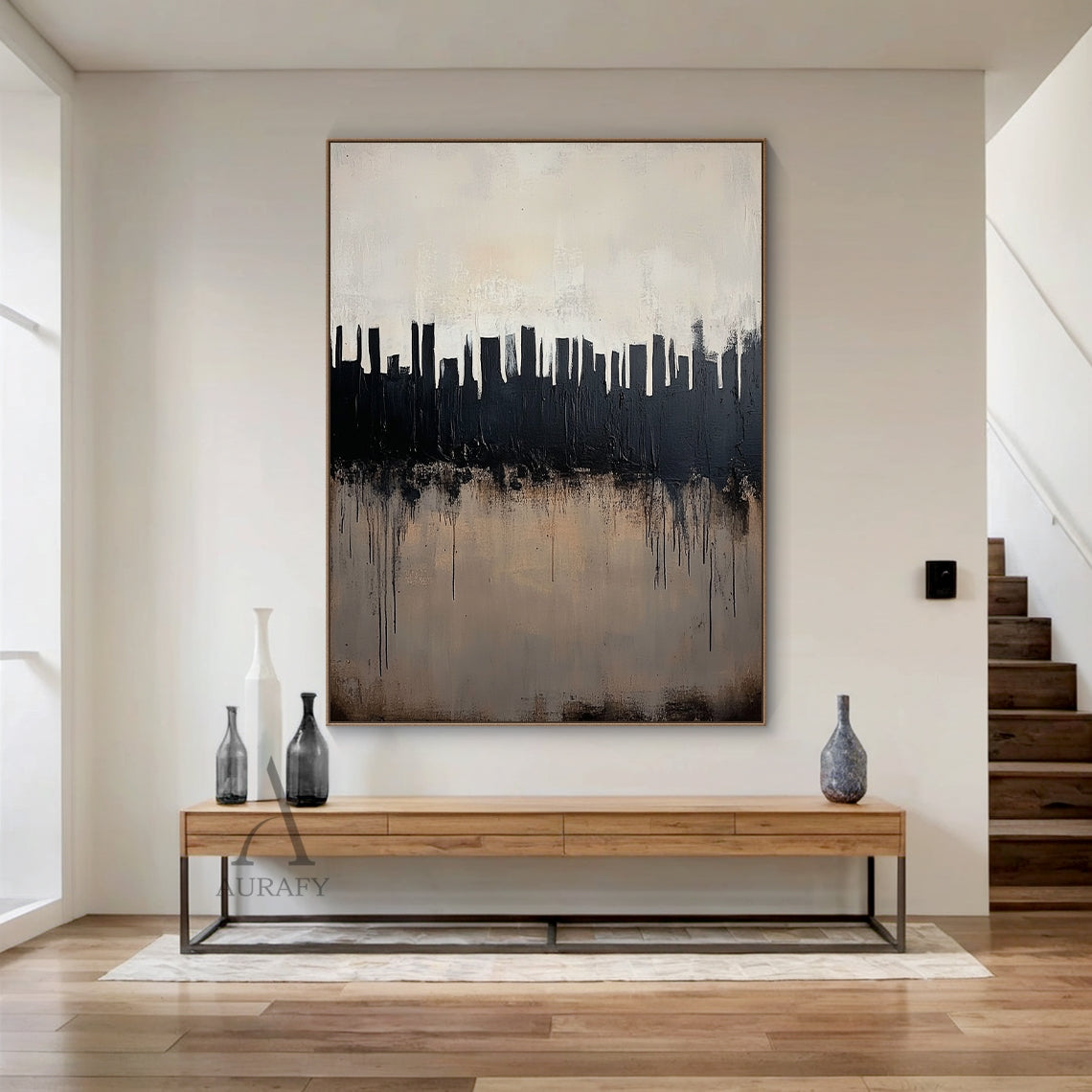 Abstract City Skyline Art with Tactile Thick Brushstrokes Drip Texture Minimalist Luxe Black Beige AURA610