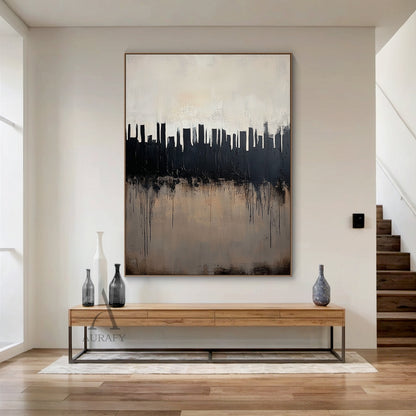 Abstract City Skyline Art with Tactile Thick Brushstrokes Drip Texture Minimalist Luxe Black Beige AURA610