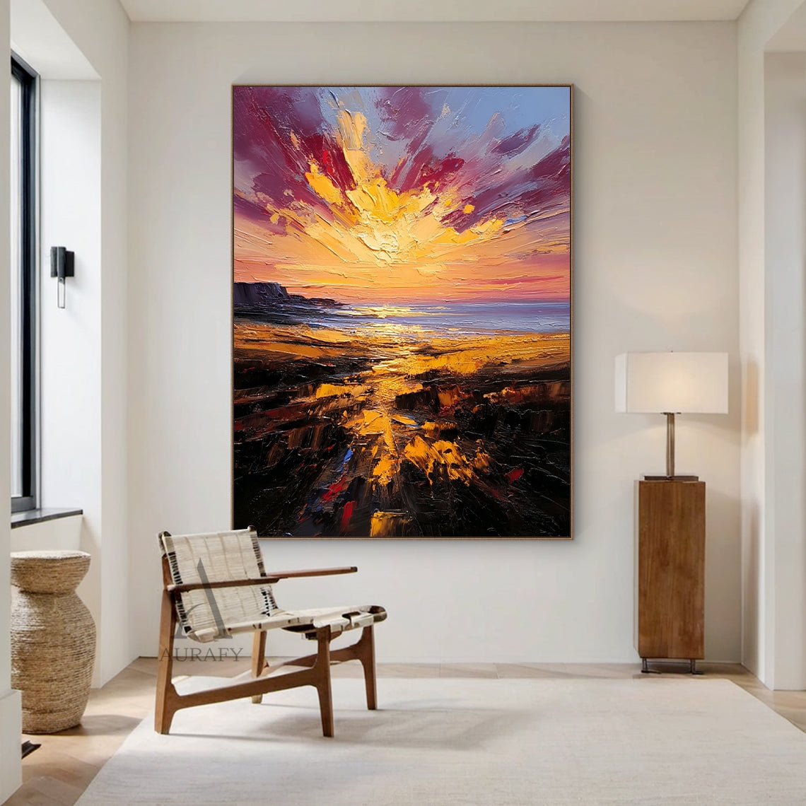 Textured Landscape Oil Painting Brown Red Coastal Sunset Knife Stroke Tactile Modern Canvas Wall Decor AURA747