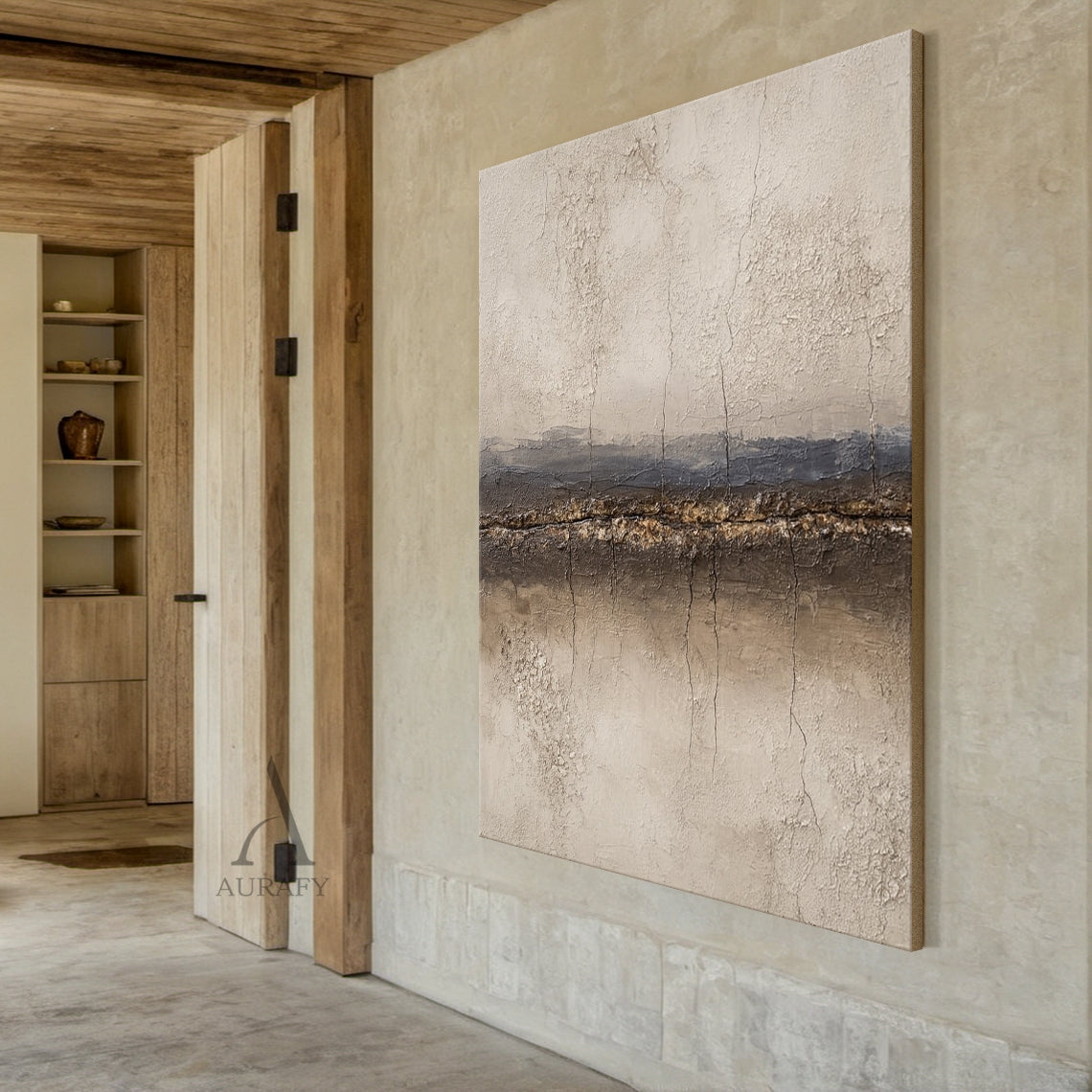 Wabi Sabi Beige Brown Crackled Plaster Artwork Tactile Weathered Mottled Rustic Finish AURA434