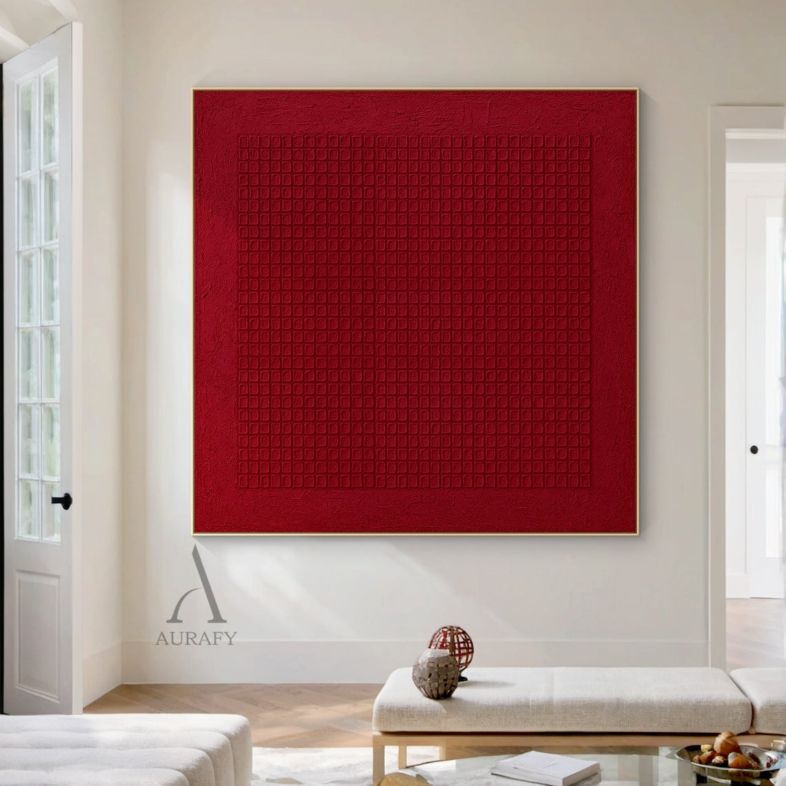Red Abstract Art Geometric Tactile Canvas Embossed Grid Minimalist Textured Wall Decor AURA624