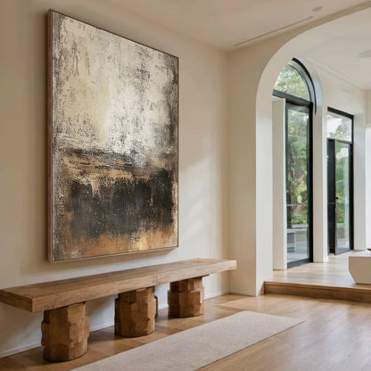 Wabi Sabi Abstract Art Beige Black Distressed Tactile Plaster-like Organic Wall Decor AURA591