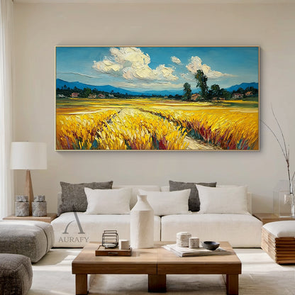 Impasto Textured Yellow Blue Wheat Field Landscape Hand Painted Oil Painting Wall Art Canvas Decor AURA745
