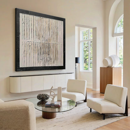 Minimalist Grid Textural Canvas – Cream & Black Accent – AURA006(Square)