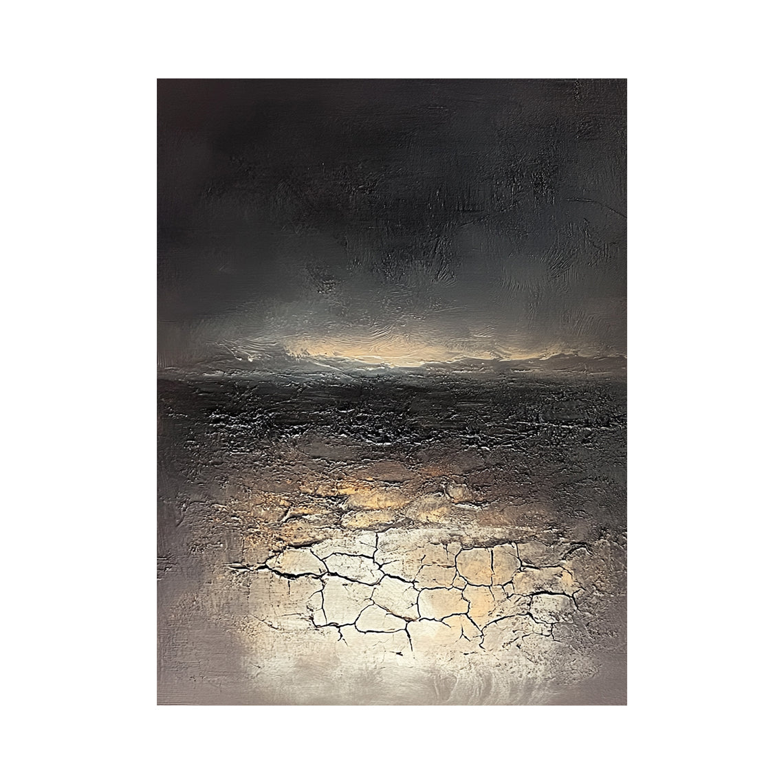 Black Abstract Painting with Beige Crackle and Warm Highlights - AURA824
