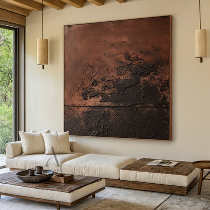 Red Brown Abstract Painting with a Sweeping Dark Textured Mass - AURA846