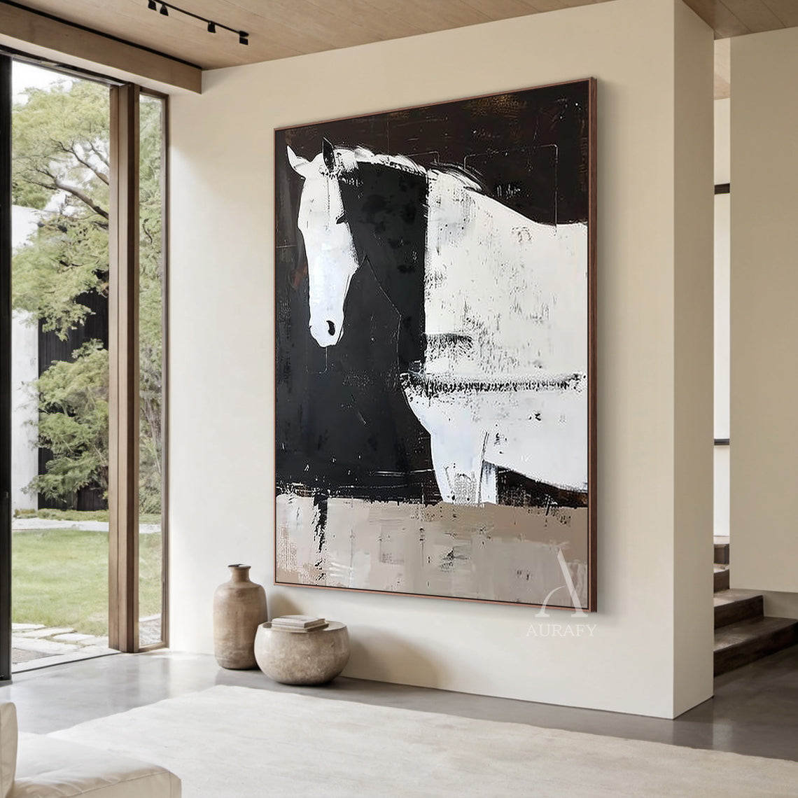 Large Scale Abstract Black and White Horse Textured Animal Wall Art-AURA341
