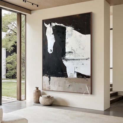 Large Scale Abstract Black and White Horse Textured Animal Wall Art-AURA341