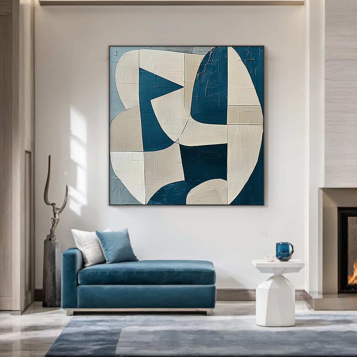 Textured Abstract Blue Beige Wall Art for Modern Living Room AURA164