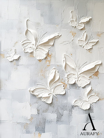 3D Textured Butterfly Art High-Relief Impasto White Beige Modern Minimalist Luxe Painting with Gold Accents AURA531
