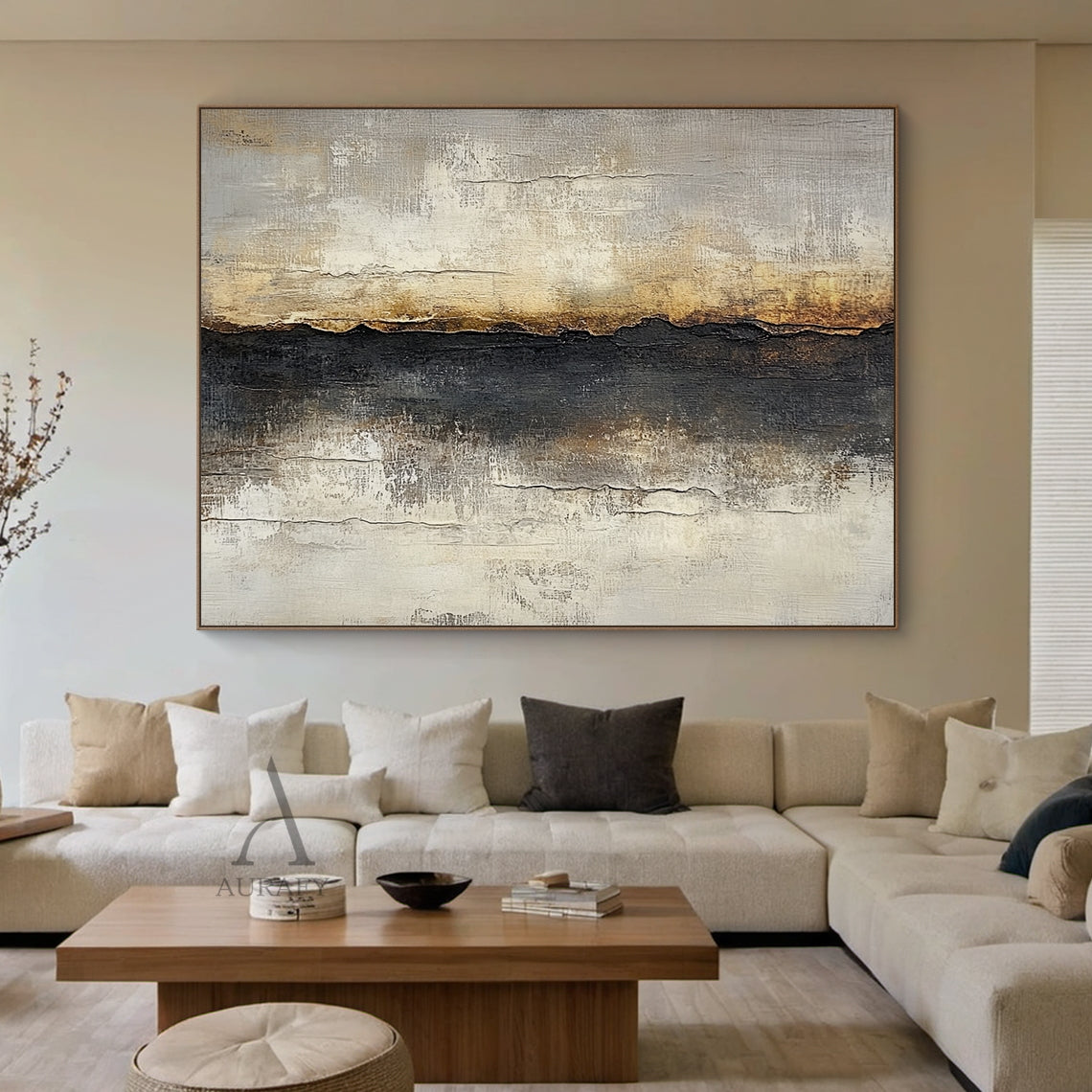 Beige and Black Abstract Ridge Wall Art with Ochre Accents - AURA823