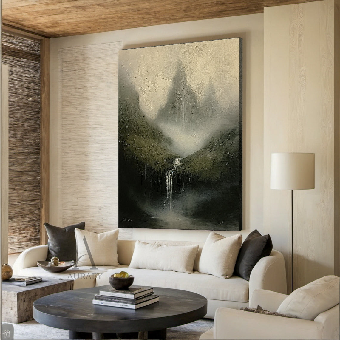 Textured Knife Stroke Green Landscape Misty Mountain Waterfall Wabi Sabi Japandi Wall Art Home Decor AURA780