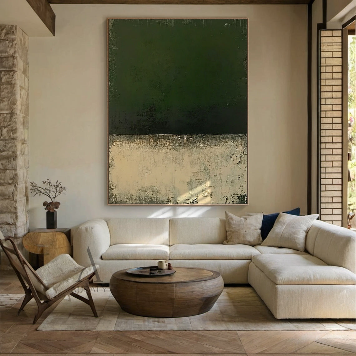 Dark Green Color Block Abstract Wall Art - AURA698