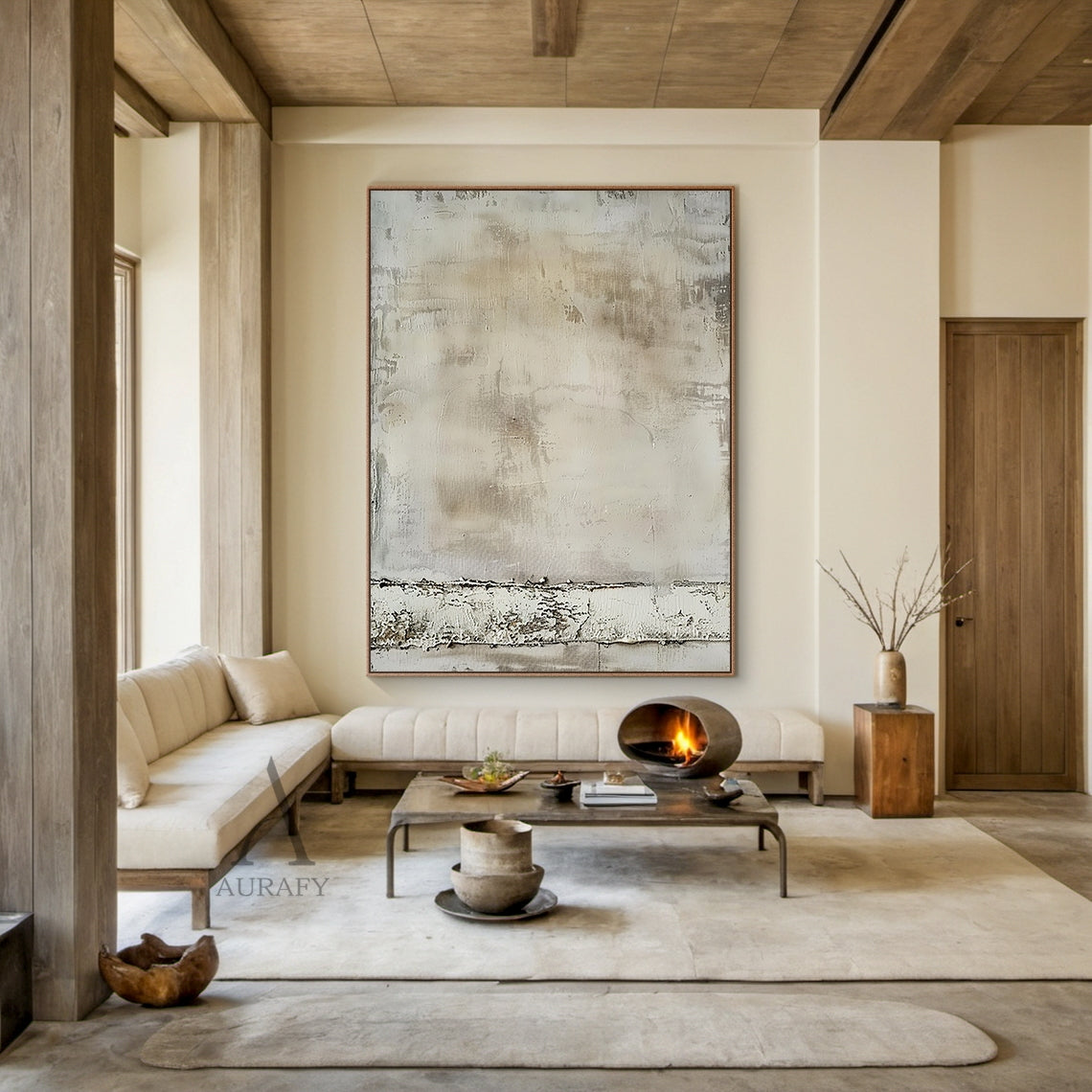 Neutral Beige Plaster Textured Abstract Wall Art | Wabi Sabi Japandi Minimalist Canvas | AURA808