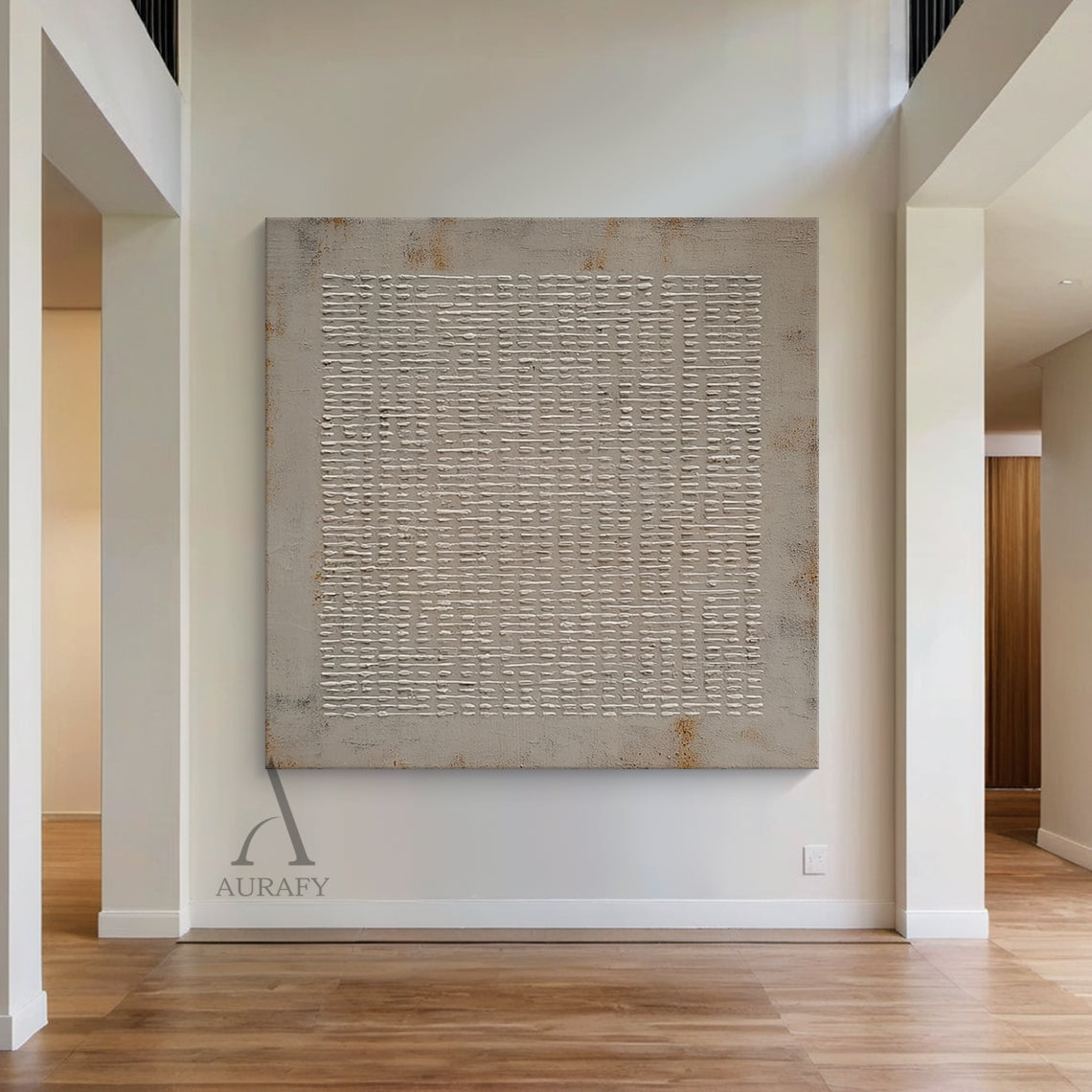Abstract Gray Textural High-Relief Plaster Art with Irregular Grid Rust Accents Tactile Surface Minimalist Industrial AURA629