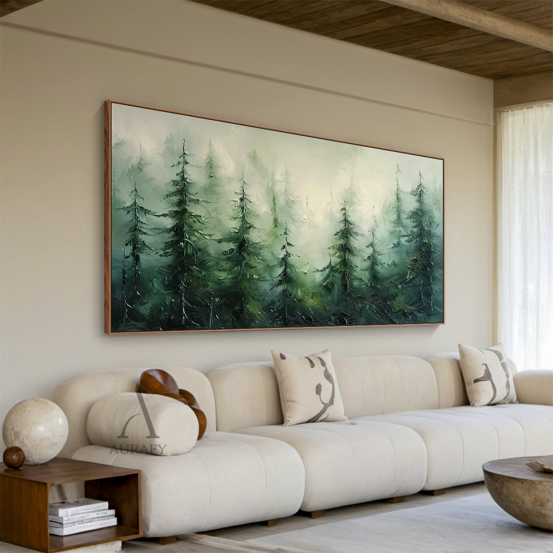Palette Knife Textured Green Misty Pine Forest Landscape Oil Painting Modern Organic Wall Decor AURA775