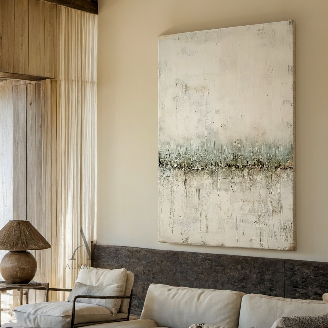 Wabi Sabi Beige & Sage Green Textured Abstract Wall Art | Japandi Minimalist Horizontal Canvas | AURA801