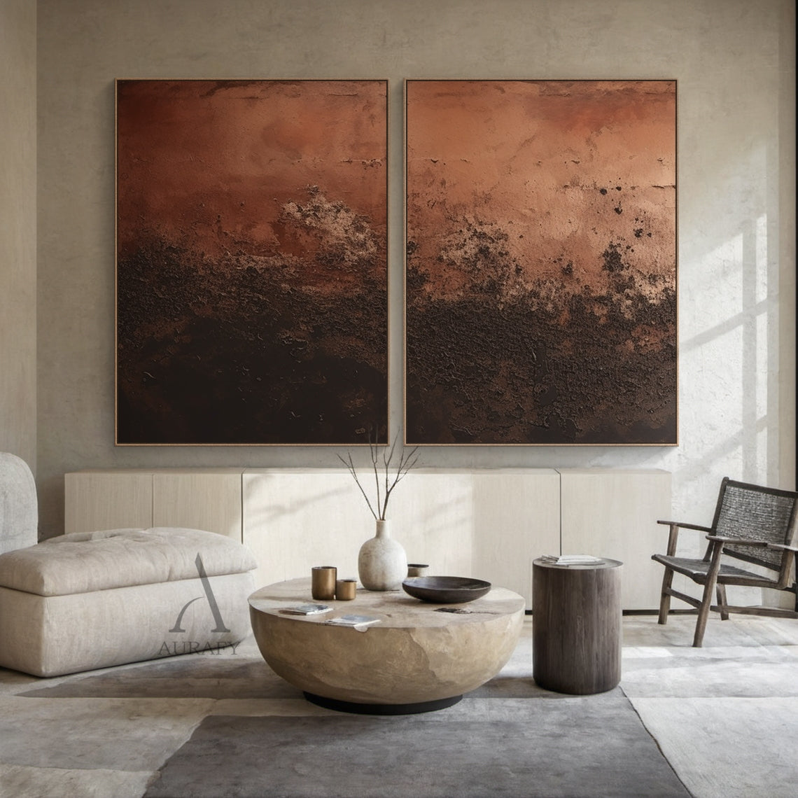 Plaster Textured Red Brown Abstract Japandi Modern Organic Tactile Canvas Wall Art AURA793
