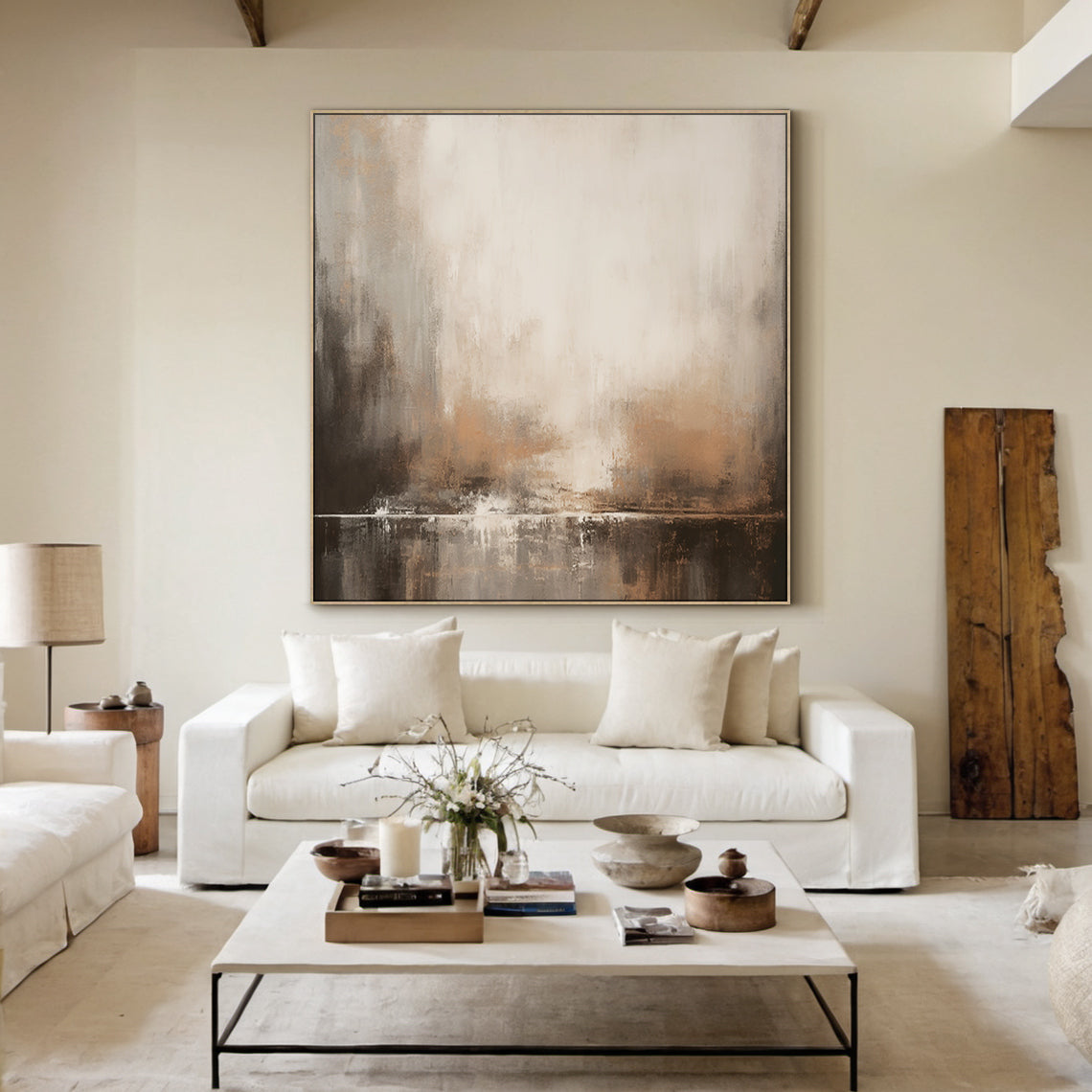 Wabi-Sabi Horizon Abstraction – Sandstone Umber & Mist Grey painting – AURA018(Vertical)