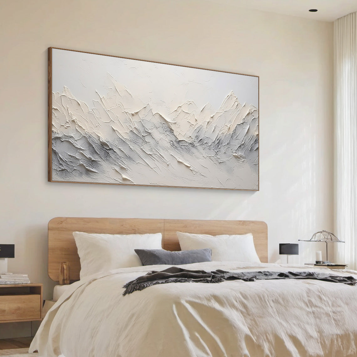 Minimalist Mountain Texture Canvas – Cream & Cool Gray Painting – AURA037(Horizontal)