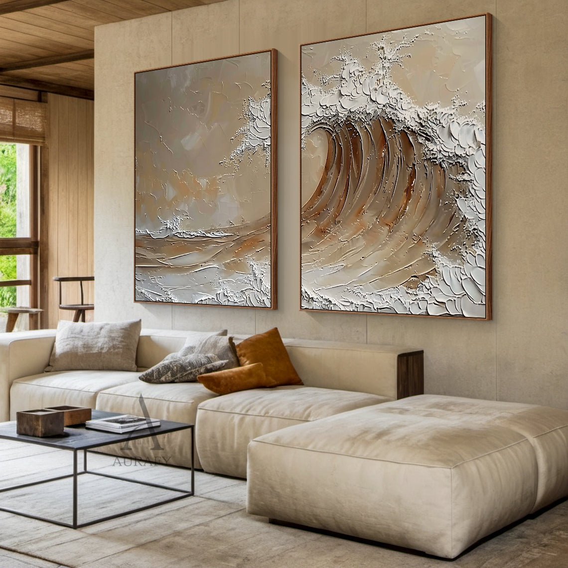 Brown Coastal Wave Wall Art Set of 2 - AURA671