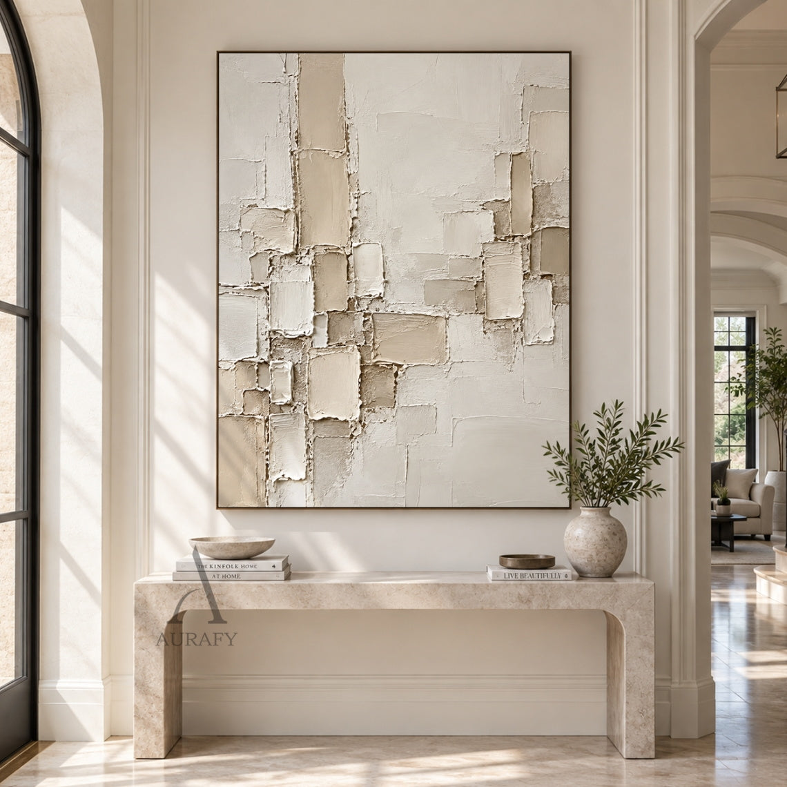 Raised Grid, Beige Geometric Impasto Wall Art AURA863
