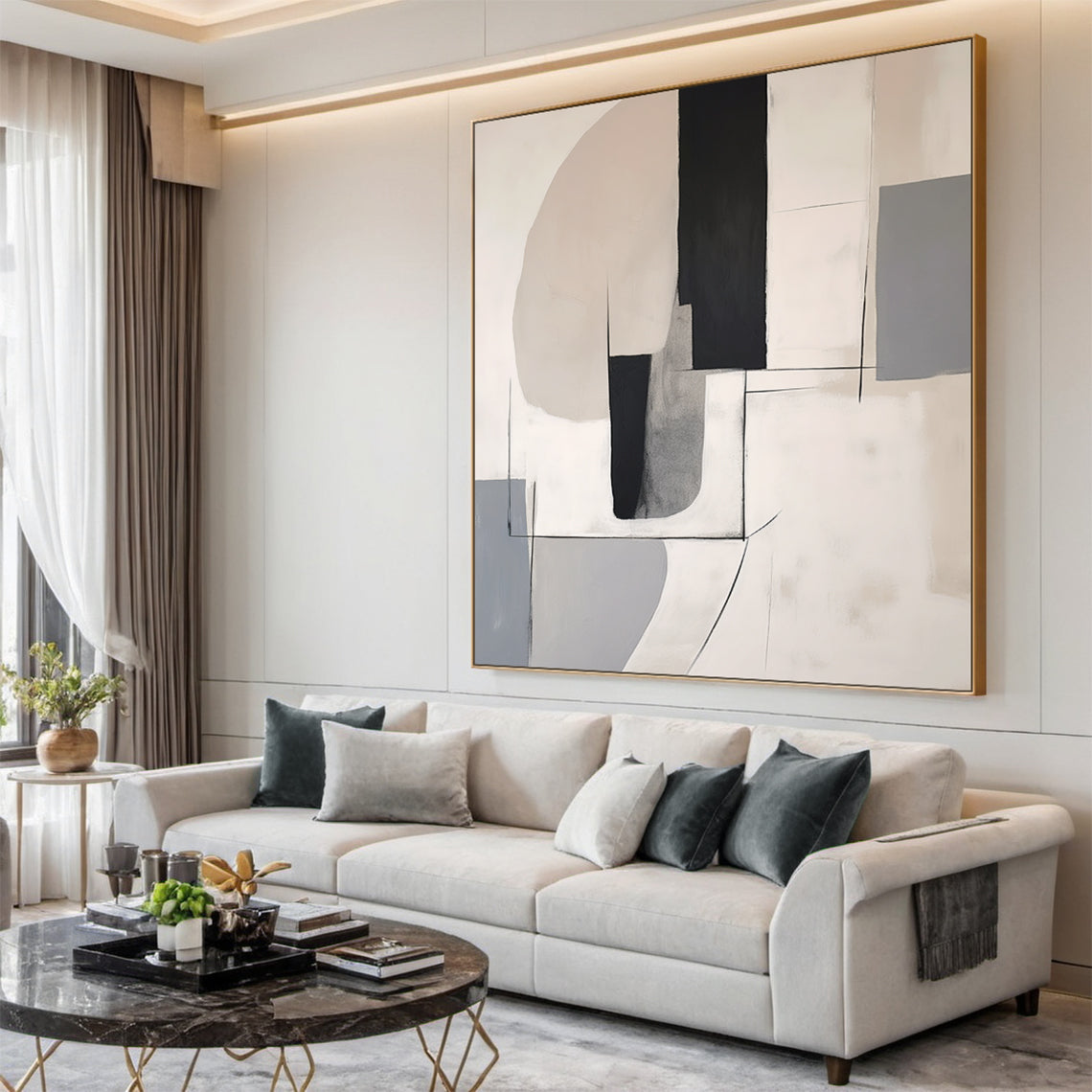 Modern Abstract Beige Gray Wall Art Minimalist Living Room Decor - AURA175