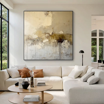 General Abstract Beige Plaster Textured Wabi-Sabi Art with Tactile Surface Paint Drips and Chipped Layers AURA611