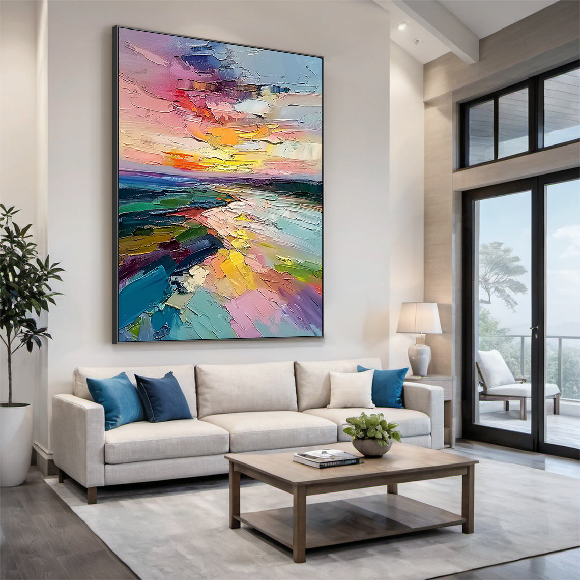 Colorful Abstract Landscape Art Impasto Knife Stroke Modern Organic Sculpted Canvas Sunset Textured Wall Decor AURA710