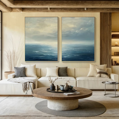 Blue Ocean Abstract Art Impasto Textured Modern Organic Wavy Line Sky Landscape AURA464
