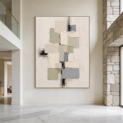 3D Textured Plaster Painting Wabi-Sabi Japandi Geometric Green Beige Knife Stroke Sculpted Canvas Wall Decor AURA753