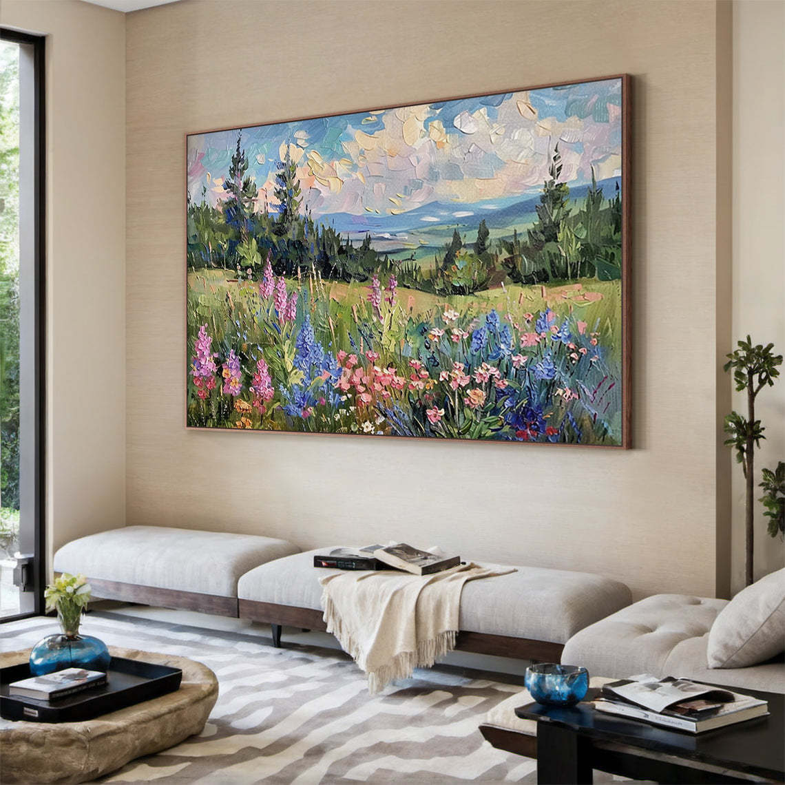 Green Wildflower Mountain Landscape Impasto Knife Stroke Oil Painting Textured Canvas Modern Organic Wall Art AURA713