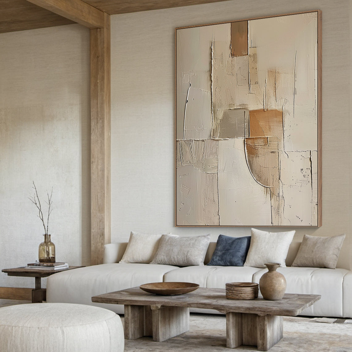 Wabi Sabi Beige Brown Impasto Artwork Tactile Surface Sculpted Canvas Irregular Block Design AURA577