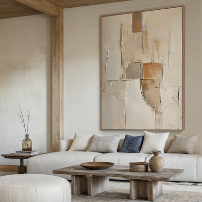 Wabi Sabi Beige Brown Impasto Artwork Tactile Surface Sculpted Canvas Irregular Block Design AURA577