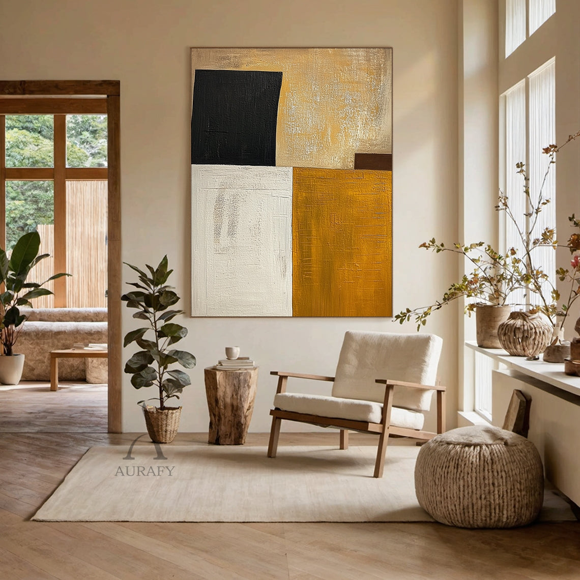Mustard Yellow and Beige Abstract Painting with Black Blocks - AURA850