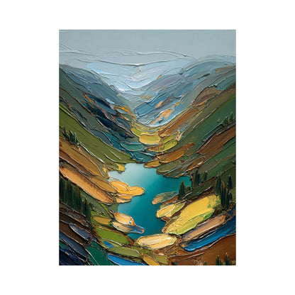 Green Impasto Landscape Artwork Plaster Textured Knife Stroke Mountain Lake Wabi-Sabi Modern Organic Wall Art AURA749