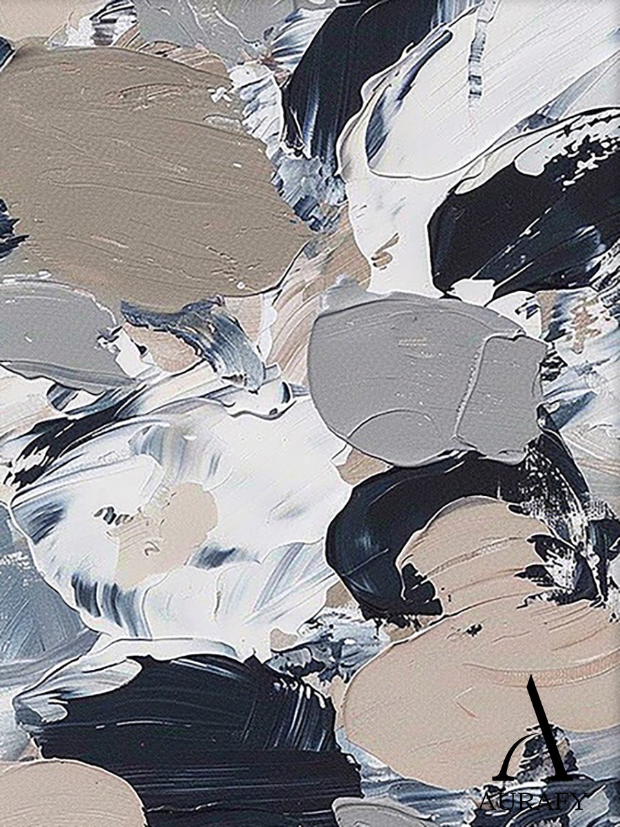 General Abstract Wall Art with Tactile Impasto Texture White Black Beige Modern Organic Design AURA478