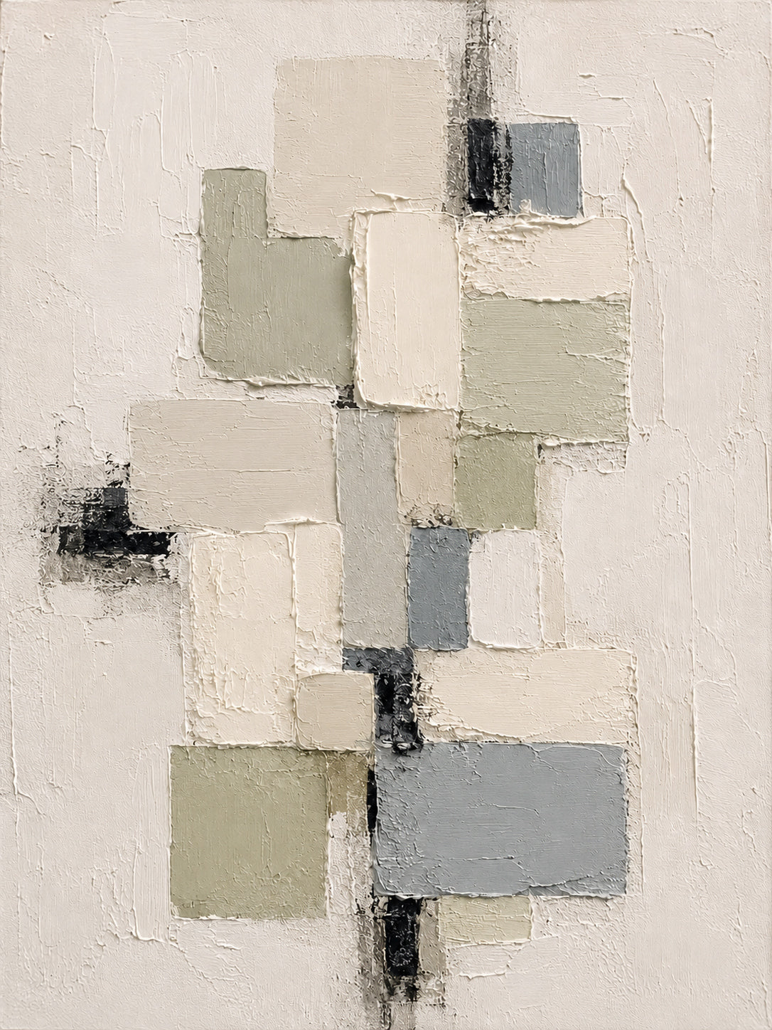 3D Textured Plaster Painting Wabi-Sabi Japandi Geometric Green Beige Knife Stroke Sculpted Canvas Wall Decor AURA753