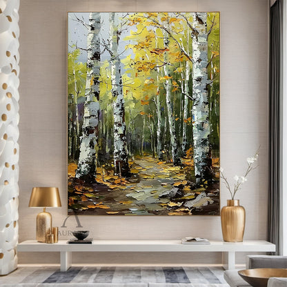 Textured Green Brown Landscape Birch Forest Knife Strokes Oil Painting Tactile Canvas Wabi-Sabi Wall Art AURA744