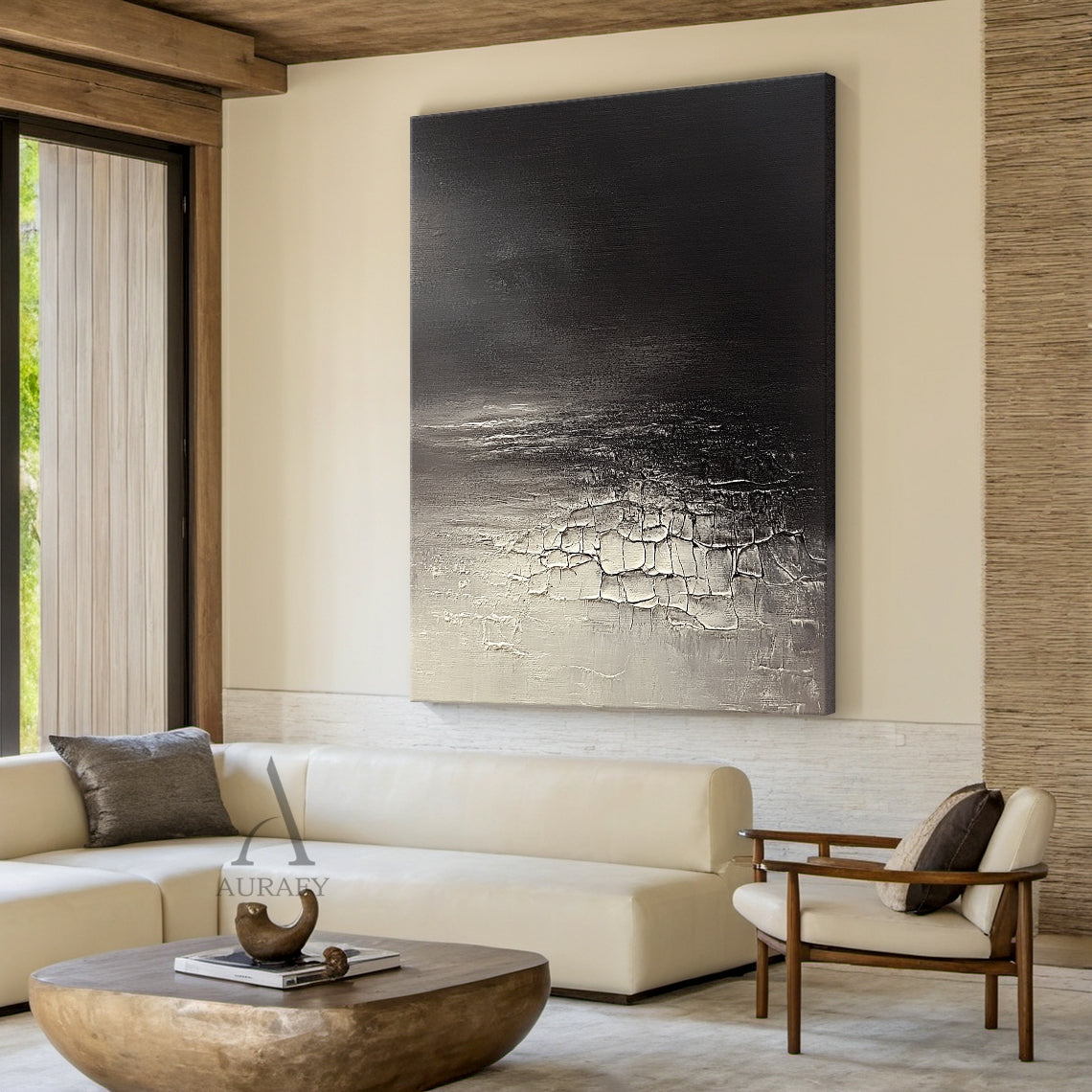 Black to Gray Abstract Painting with Pale Fractured Texture - AURA826