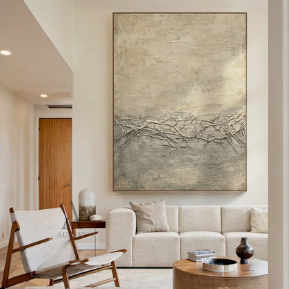 General Abstract Beige Wabi-Sabi Vintage Art with Cracked Distressed Plaster-like Tactile Texture AURA426