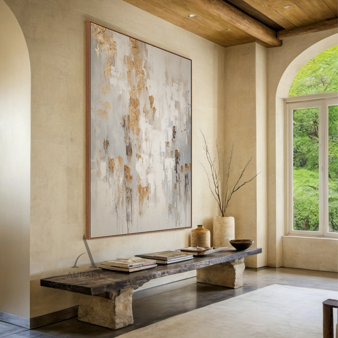 General Abstract Beige Yellow Plaster Textured Art Tactile Surface Flowing Brushstrokes Modern Organic AURA462