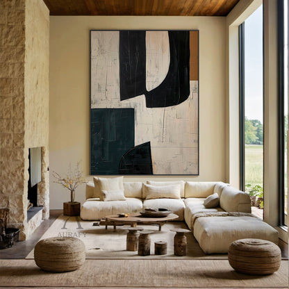 Black Curved Forms on Beige Abstract Wall Art with Deep Teal - AURA840